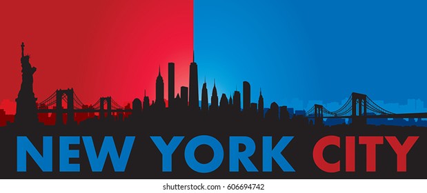 Blue Red New York City Skyline Vector