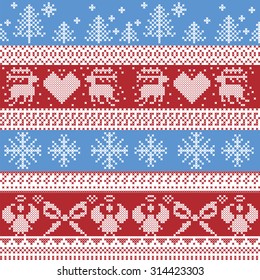 Blue and red Nordic Christmas winter  pattern with reindeer,rabbits, Xmas trees, angels, bow in Scandinavian style cross stitch

