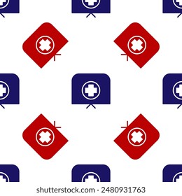 Blue and red Nurse hat with cross icon isolated seamless pattern on white background. Medical nurse cap sign.  Vector Illustration