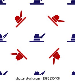 Blue and red Oktoberfest hat icon isolated seamless pattern on white background. Hunter hat with feather. German hat.  Vector Illustration