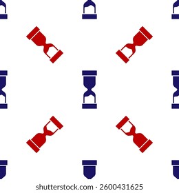 Blue and red Old hourglass with flowing sand icon isolated seamless pattern on white background. Sand clock sign. Business and time management concept.  Vector