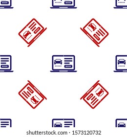 Blue and red Online car sharing icon isolated seamless pattern on white background. Online rental car service. Online booking design concept for laptop.  Vector Illustration