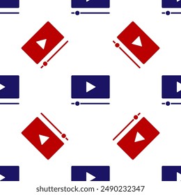 Blue and red Online play video icon isolated seamless pattern on white background. Film strip with play sign.  Vector