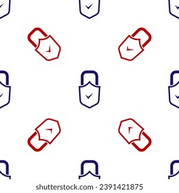 Blue and red Open padlock and check mark icon isolated seamless pattern on white background. Cyber security concept. Digital data protection. Safety safety.  Vector