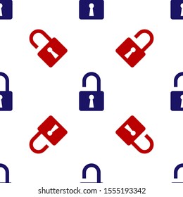 Blue and red Open padlock icon isolated seamless pattern on white background. Opened lock sign. Cyber security concept. Digital data protection. Safety safety.  Vector Illustration