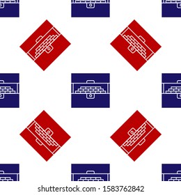 Blue and red Opened antique treasure chest icon isolated seamless pattern on white background. Vintage wooden chest with golden coin.  Vector Illustration