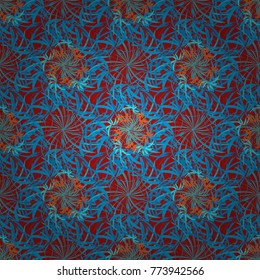 Blue, red and orange colors vector seamless pattern with many flowers.