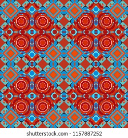 Blue, red and orange diagonal tiles. Vector stock illustration in a modern flat style. Creative seamless pattern, modern diagonal abstract background with geometric elements.