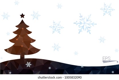 Blue, red orange postcard low polygon style christmas tree vector illustration consisting of triangles. Abstract polygonal origami or crystal design of New Years celebration. 