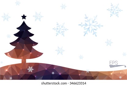 Blue, red orange postcard low polygon style christmas tree vector illustration consisting of triangles. Abstract polygonal origami or crystal design of New Years celebration. 