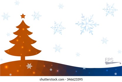 Blue, red orange postcard low polygon style christmas tree vector illustration consisting of triangles. Abstract polygonal origami or crystal design of New Years celebration. 