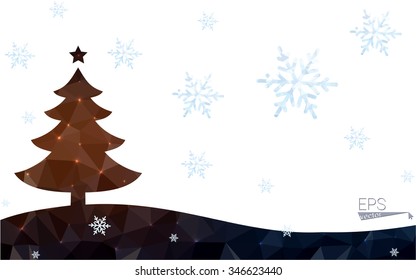 Blue, red orange postcard low polygon style christmas tree vector illustration consisting of triangles. Abstract polygonal origami or crystal design of New Years celebration. 