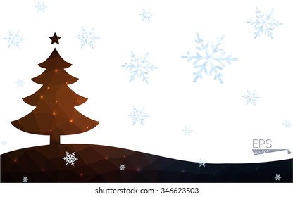 Blue, red orange postcard low polygon style christmas tree vector illustration consisting of triangles. Abstract polygonal origami or crystal design of New Years celebration. 