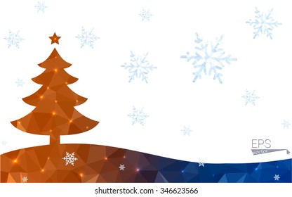 Blue, red orange postcard low polygon style christmas tree vector illustration consisting of triangles. Abstract polygonal origami or crystal design of New Years celebration. 