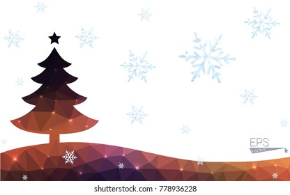 Blue, red orange postcard low polygon style christmas tree vector illustration consisting of triangles. Abstract polygonal origami or crystal design of New Years celebration. 