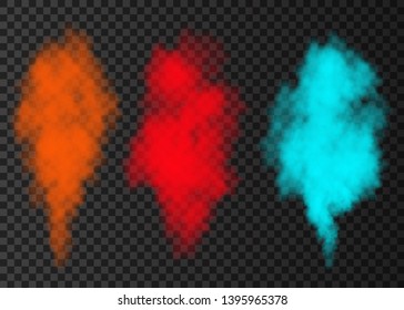 Blue, Red, Orange  Smoke Burst  Isolated On Transparent Background.  Color Steam Explosion Special Effect.  Realistic  Vector  Column Of  Fire Fog Or Mist Texture .
