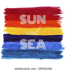 Blue and red, orange, yellow brush lines. Abstract stylish watercolor background. Sea and beach style vector illustration. Summer dreams style. 