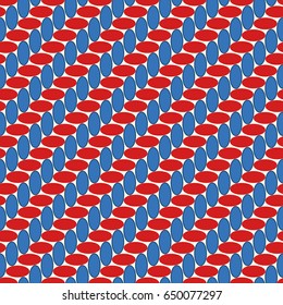 Blue and red ovals texture. Rounded figures background. Dots motif. Seamless surface pattern design with circular embroidery ornament. Digital paper with spheres for textile print, web designing.