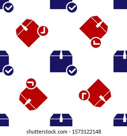 Blue and red Package box with check mark icon isolated seamless pattern on white background. Parcel box with checkmark. Approved delivery or successful package receipt.  Vector Illustration