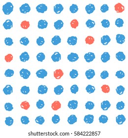 Blue and red paint dots background. Vector hand drawn seamless pattern