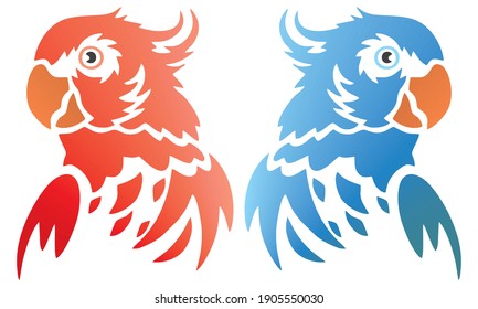 Blue And Red Parrot Silhouette Vector Illustration. Macaw Parrot Logo Design. Head Of A Parrot Isolated On White Background