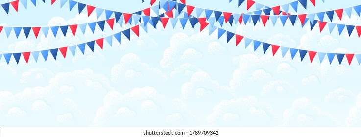 Blue and red party flags, sky, clouds seamless stripe. Retro vector illustration. Vintage endless design element. Place for your text