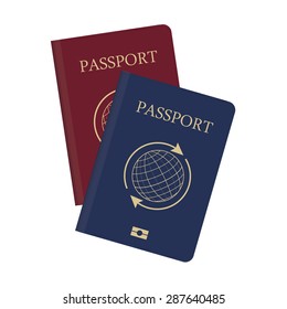 Pasaporte azul y rojo con globo y flechas alrededor de la Ilustración vectorial. Icono de pasaporte. Pasaporte de viaje