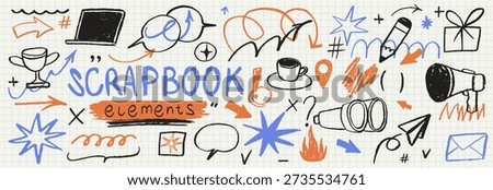 Blue red pen scratch doodle collection for hand drawn notes, journaling and graphic design. Grunge chalk or marker doodles and scribbles, hand drawn stickers, emphasis vector scrapbook elements.
