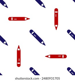 Blue and red Pencil with eraser icon isolated seamless pattern on white background. Drawing and educational tools. School office symbol.  Vector