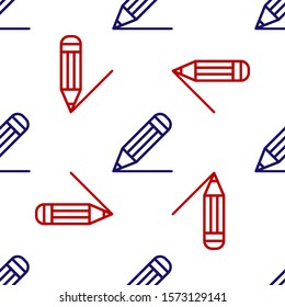 Blue and red Pencil and line icon isolated seamless pattern on white background. Education sign. Drawing and educational tools. School office symbol.  Vector Illustration