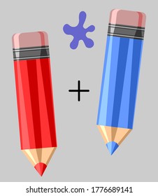 Blue and Red pencil with rubber eraser of mixing color. Vector illustration for school, creativity, idea, education and design symbol.