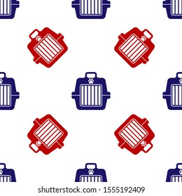 Blue and red Pet carry case icon isolated seamless pattern on white background. Carrier for animals, dog and cat. Container for animals. Animal transport box.  Vector Illustration