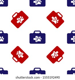 Blue and red Pet first aid kit icon isolated seamless pattern on white background. Dog or cat paw print. Clinic box.  Vector Illustration
