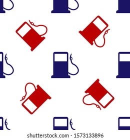 Blue and red Petrol or Gas station icon isolated seamless pattern on white background. Car fuel symbol. Gasoline pump.  Vector Illustration