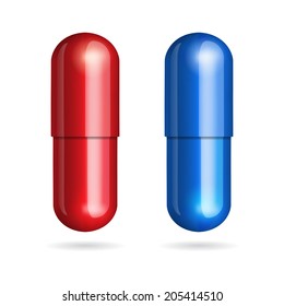 Blue and red pills on white background. Vector illustration