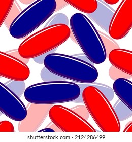Blue and red pills on a white background. Seamless cute pattern with geometric ovals for textile and paper products. Vector.