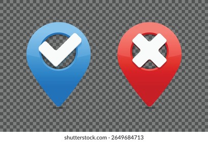 Blue and red pin for maps and navigation systems. Right and wrong location. Vector illustration. 