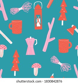 Blue red and pink Seamless repeat camping Vector Pattern with Mountains trees lantern, mushrooms, rope, sticks, and axe.