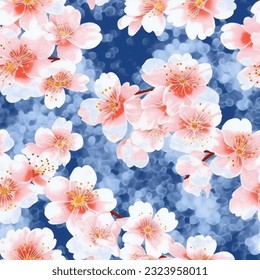 Blue Red Pink White Japanese Cherry Blossoms Kimono Yukata Seamless Pattern Wallpaper Background