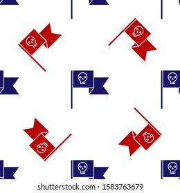 Blue and red Pirate flag with skull icon isolated seamless pattern on white background.  Vector Illustration
