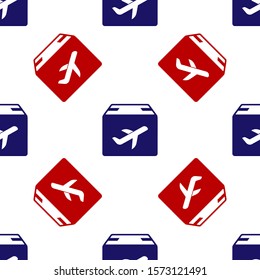 Blue and red Plane and cardboard box icon isolated seamless pattern on white background. Delivery, transportation. Cargo delivery by air. Airplane with parcels, boxes.  Vector Illustration