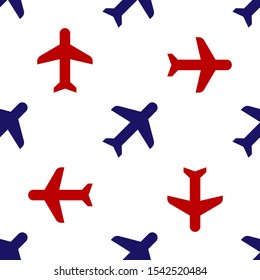 Blue and red Plane icon isolated seamless pattern on white background. Flying airplane icon. Airliner sign.  Vector Illustration