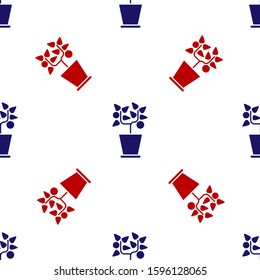 Blue and red Plant in pot icon isolated seamless pattern on white background. Plant growing in a pot. Potted plant sign.  Vector Illustration