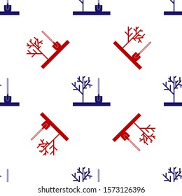 Blue and red Planting a tree in the ground icon isolated seamless pattern on white background. Gardening, agriculture, caring for environment.  Vector Illustration