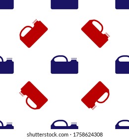 Blue and red Plastic canister for motor machine oil icon isolated seamless pattern on white background. Oil gallon. Oil change service and repair. Vector Illustration