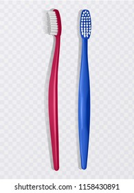 Blue and red plastic toothbrushes, the top view, realistic toothbrushes on a white background. Vector illustration