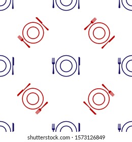 Blue and red Plate, fork and knife icon isolated seamless pattern on white background. Cutlery symbol. Restaurant sign.  Vector Illustration