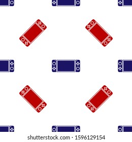 Blue and red Portable video game console icon isolated seamless pattern on white background. Gamepad sign. Gaming concept.  Vector Illustration