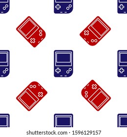 Blue and red Portable video game console icon isolated seamless pattern on white background. Gamepad sign. Gaming concept.  Vector Illustration