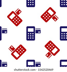 Blue and red Pos terminal with inserted credit card icon isolated seamless pattern on white background. Payment terminal transaction.  Vector Illustration